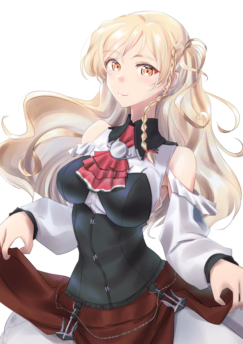 1girl, bare_shoulders, blonde_hair, blush, braid, breasts, brown_eyes, french_braid, hair_between_eyes, hat, highres, kantai_collection, large_breasts, long_hair, long_sleeves, looking_at_viewer, shirt, side_braid, skirt, smile, solo, tsukasa_(tukasa_br), wavy_hair, white_shirt, zara_(kancolle)