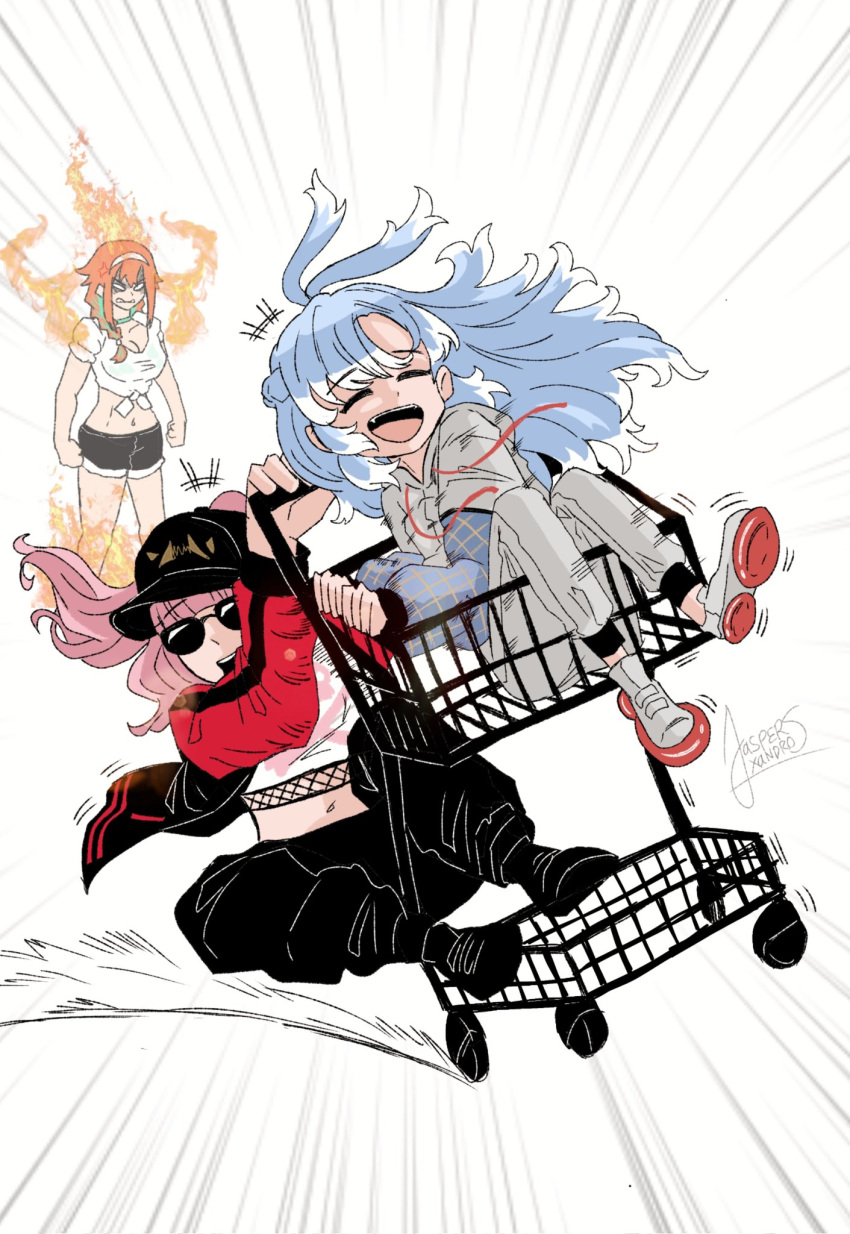 baseball_cap, black_headwear, black_jacket, black_pants, black_shirt, blue_hair, braid, breasts