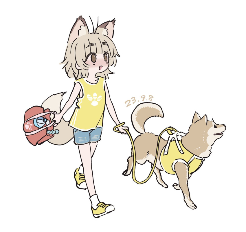 1girl, adidas, animal_ears, antenna_hair, bag, blonde_hair, blunt_bangs, blush