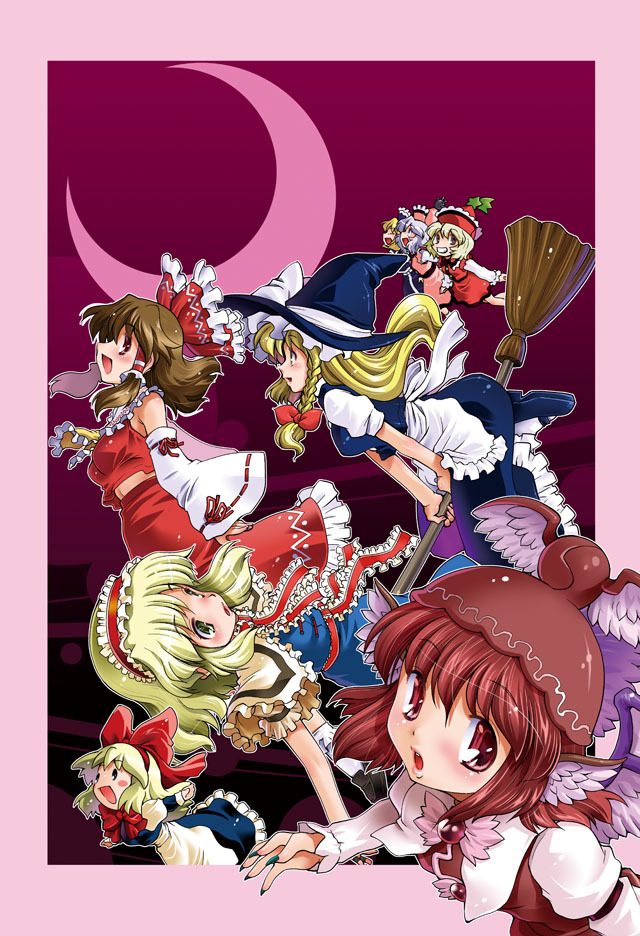 alice_margatroid, blonde_hair, blue_hair, bow, broom, brown_hair, crescent_moon, detached_sleeves