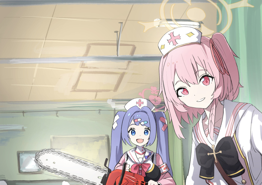 2girls, absurdres, bandaid_hair_ornament, black_bow, black_bowtie, blue_archive, blue_eyes, bow, bowtie, cardigan, ceiling, ceiling_light, chainsaw, fang, fluorescent_lamp, from_below, green_curtains, grin, hair_intakes, hair_ribbon, halo, hanae_(blue_archive), hat, heart, highres, holding, holding_chainsaw, indoors, long_hair, long_sleeves, looking_at_viewer, meme, multiple_girls, nine_years_in_a_coma_(meme), nurse, nurse_cap, one_side_up, open_mouth, p2p2hifumi, picture_frame, pill_hair_ornament, pink_cardigan, pink_eyes, pink_hair, purple_hair, red_bow, red_bowtie, ribbon, sailor_collar, school_uniform, serafuku, serina_(blue_archive), short_hair, skin_fang, smile, teeth, tile_ceiling, tiles, twintails, wall, white_sailor_collar