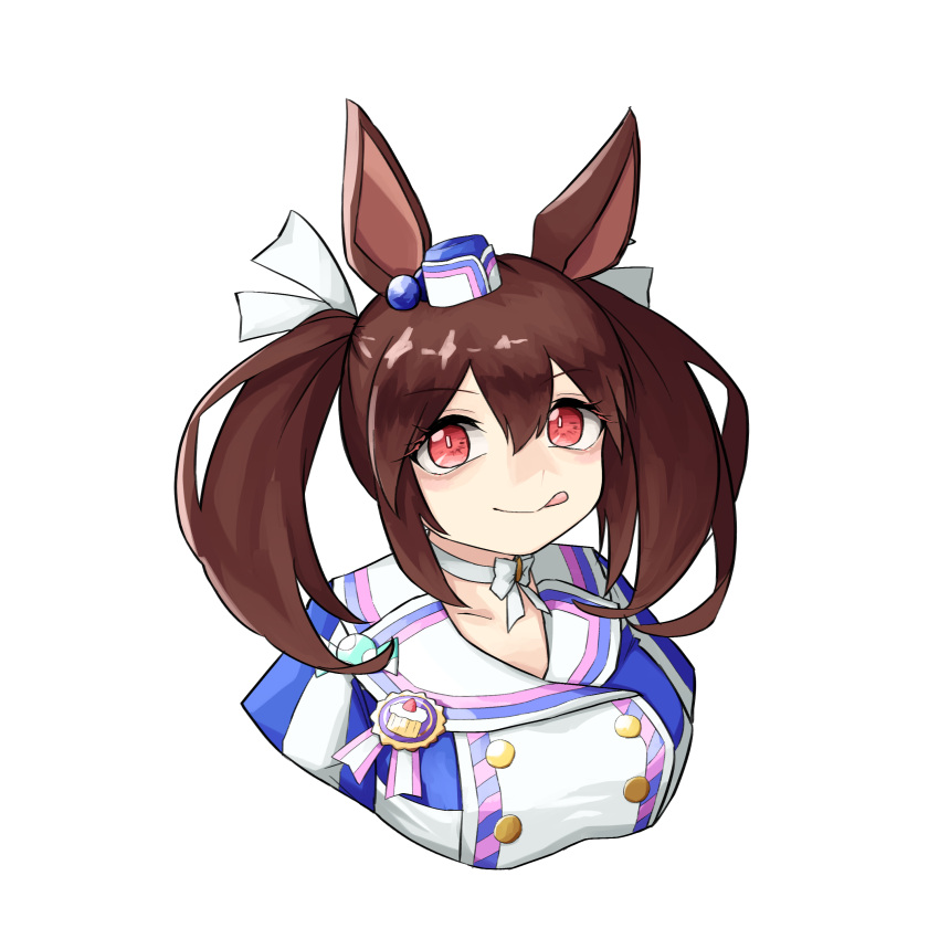 1girl, absurdres, animal_ears, award_ribbon, breasts, brown_hair, buttons, choker, closed_mouth, cropped_torso, double-breasted, hat, highres, hishi_akebono_(umamusume), horse_ears, jacket, long_hair, looking_at_viewer, medium_breasts, mini_hat, red_eyes, sanada_ina, simple_background, solo, twintails, umamusume, upper_body, white_background