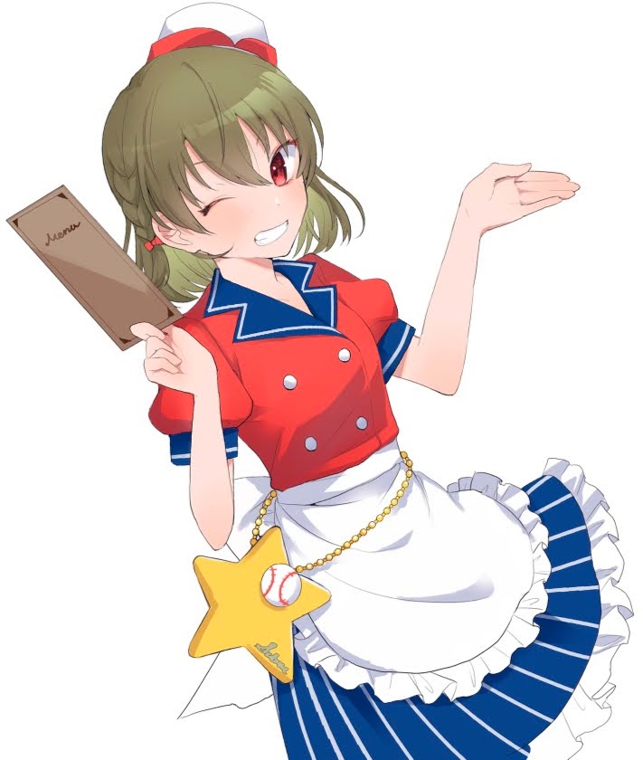 1girl, apron, back_bow, baseball_(object), blue_skirt, bow, braid, buttons, check_commentary, commentary_request, dutch_angle, frilled_apron, frills, green_hair, grin, hair_between_eyes, hands_up, hassakup, hat, holding, holding_menu, idolmaster, idolmaster_million_live!, idolmaster_million_live!_theater_days, looking_at_viewer, menu, nagayoshi_subaru, one_eye_closed, puffy_short_sleeves, puffy_sleeves, red_eyes, red_shirt, shirt, short_sleeves, skirt, smile, solo, star_ornament, teeth, waist_apron, waitress, white_apron, white_background, white_headwear