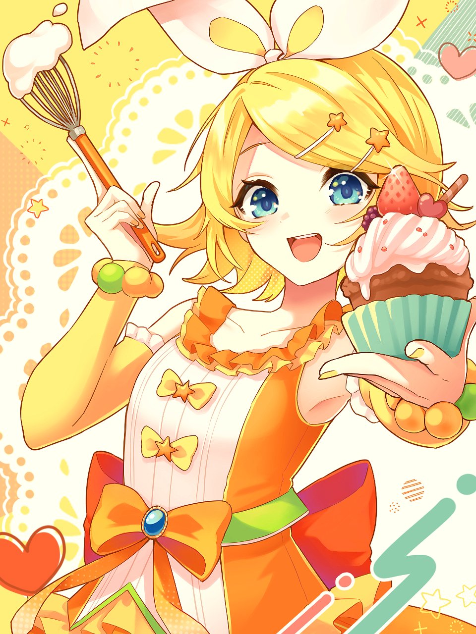 1girl, blonde_hair, blue_eyes, bow, cupcake, dress, food, hair_bow