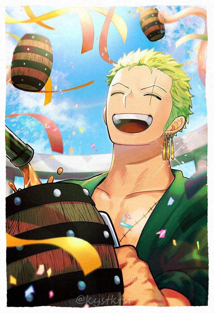 1boy, beer_mug, closed_eyes, collarbone, confetti, cup, earrings, green_hair