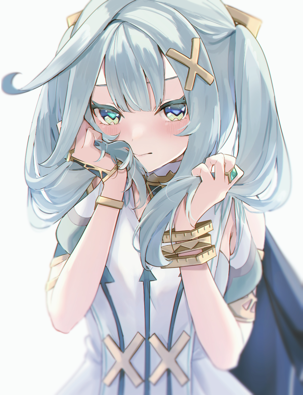 1girl, aqua_hair, bare_shoulders, bloom, blush, bracelet, closed_mouth, clothing_cutout