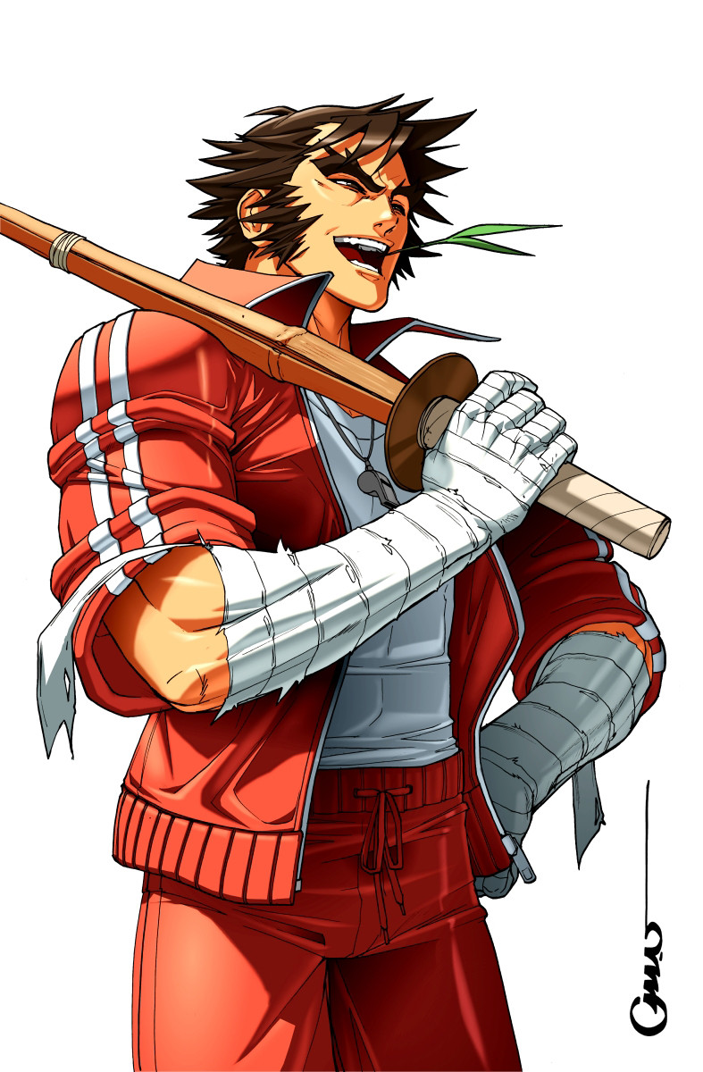 1boy, bandaged_arm, bandages, brown_eyes, forked_eyebrows, half-closed_eyes, hand_on_own_hip, highres