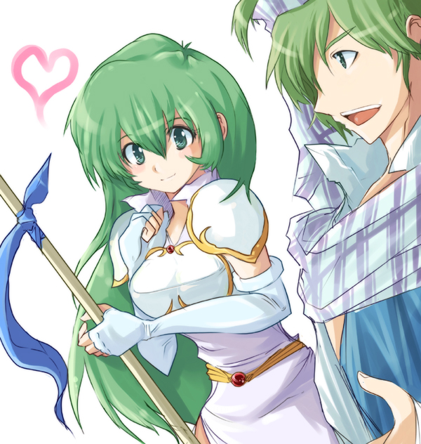echizen, elbow_gloves, fingerless_gloves, fire_emblem, fire_emblem:_seisen_no_keifu, fire_emblem_genealogy_of_the_holy_war, fury_(fire_emblem), gloves, green_eyes, green_hair, heart, levin, levin_(fire_emblem), long_hair, pegasus_knight, polearm, shoulder_pads, spear, weapon