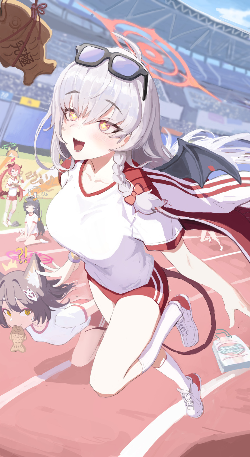5girls, :d, ?, absurdres, animal_ear_fluff, animal_ear_headphones, animal_ears, bent_over, black_hair, blue_archive, blue_sky, blurry, cat_ear_headphones, clouds, cloudy_sky, collarbone, commentary_request, demon_girl, demon_horns, demon_tail, demon_wings, depth_of_field, drooling, eyewear_on_head, fake_animal_ears, food, fox_ears, fox_girl, fox_hair_ornament, fox_tail, gym_shirt, gym_shorts, gym_uniform, haejooncho, hairband, haruna_(blue_archive), haruna_(track)_(blue_archive), headphones, highres, horns, izuna_(blue_archive), jacket, jacket_on_shoulders, jumping, junko_(blue_archive), leaf, leaf_on_head, long_hair, long_sleeves, looking_at_another, medium_hair, midori_(blue_archive), miyu_(blue_archive), mouth_hold, multiple_girls, one_side_up, open_clothes, open_jacket, orange_hair, outdoors, question_mark_in_eye, red_eyes, red_jacket, red_shorts, redhead, running, running_track, shirt, short_shorts, short_sleeves, shorts, sidelocks, single_wing, sitting, sky, smile, sparkling_eyes, stadium, sunglasses, symbol-shaped_pupils, tail, taiyaki, takoyaki, tinted_eyewear, track_jacket, tripping, twintails, wagashi, walking, wariza, white_shirt, wings, wristband