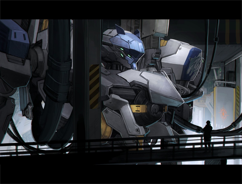 1boy, armored_core, armored_core_6, cable, emblem, extra_eyes, green_eyes, hangar, kyou_(ningiou), mecha, mecha_focus, mechanical_parts, robot, science_fiction, solo, steel_haze_ortus, upper_body, v.iv_rusty