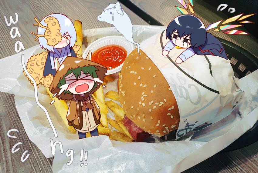 1girl, 2boys, bell, black_coat, black_eyes, black_hair, branch, brown_eyes