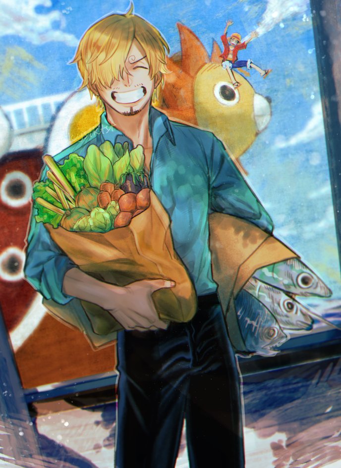2boys, bag, black_hair, blonde_hair, blue_shirt, closed_eyes, facial_hair, fish