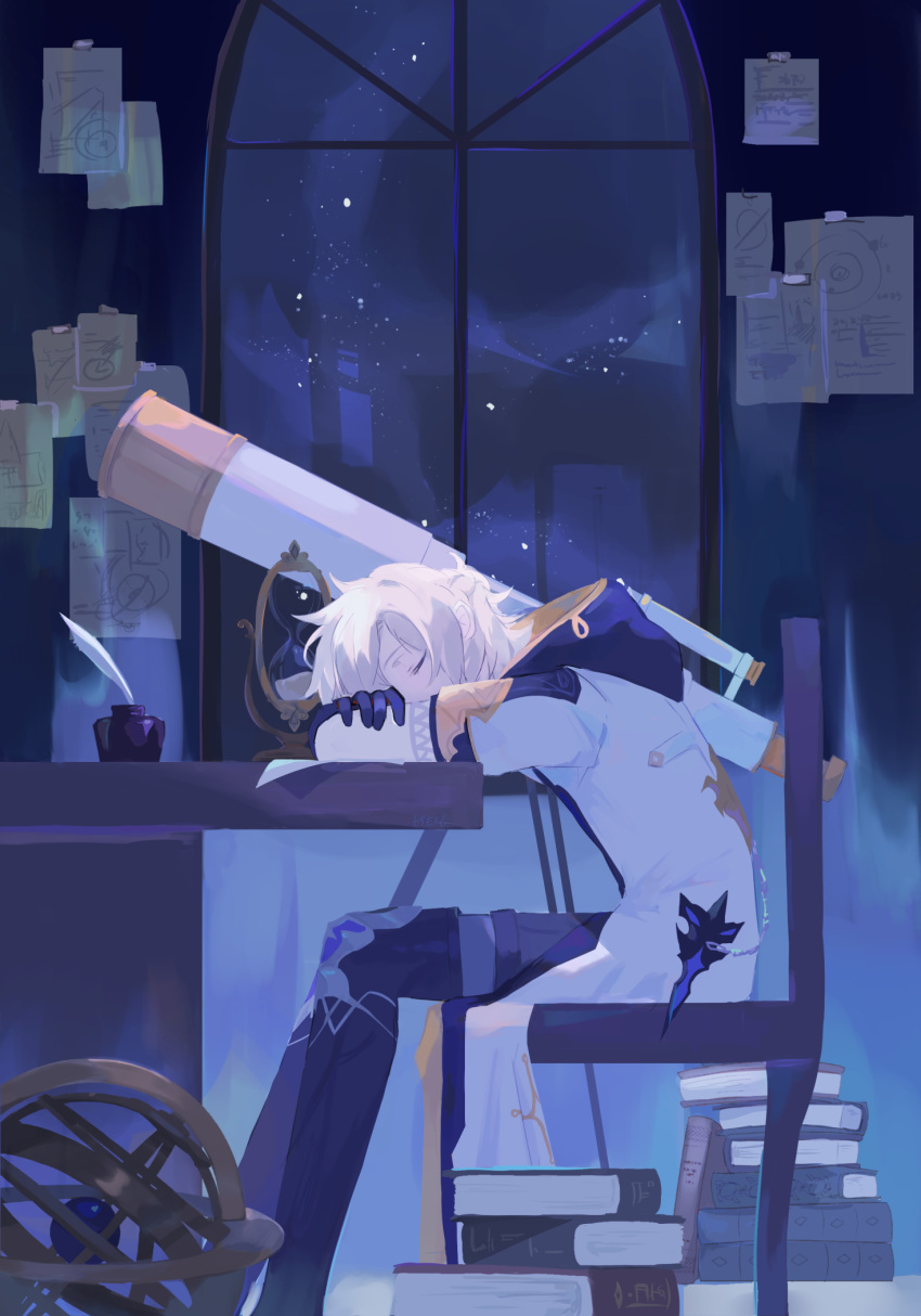0sei6, 1boy, albedo_(genshin_impact), blonde_hair, blue_pants, book, book_stack, closed_eyes