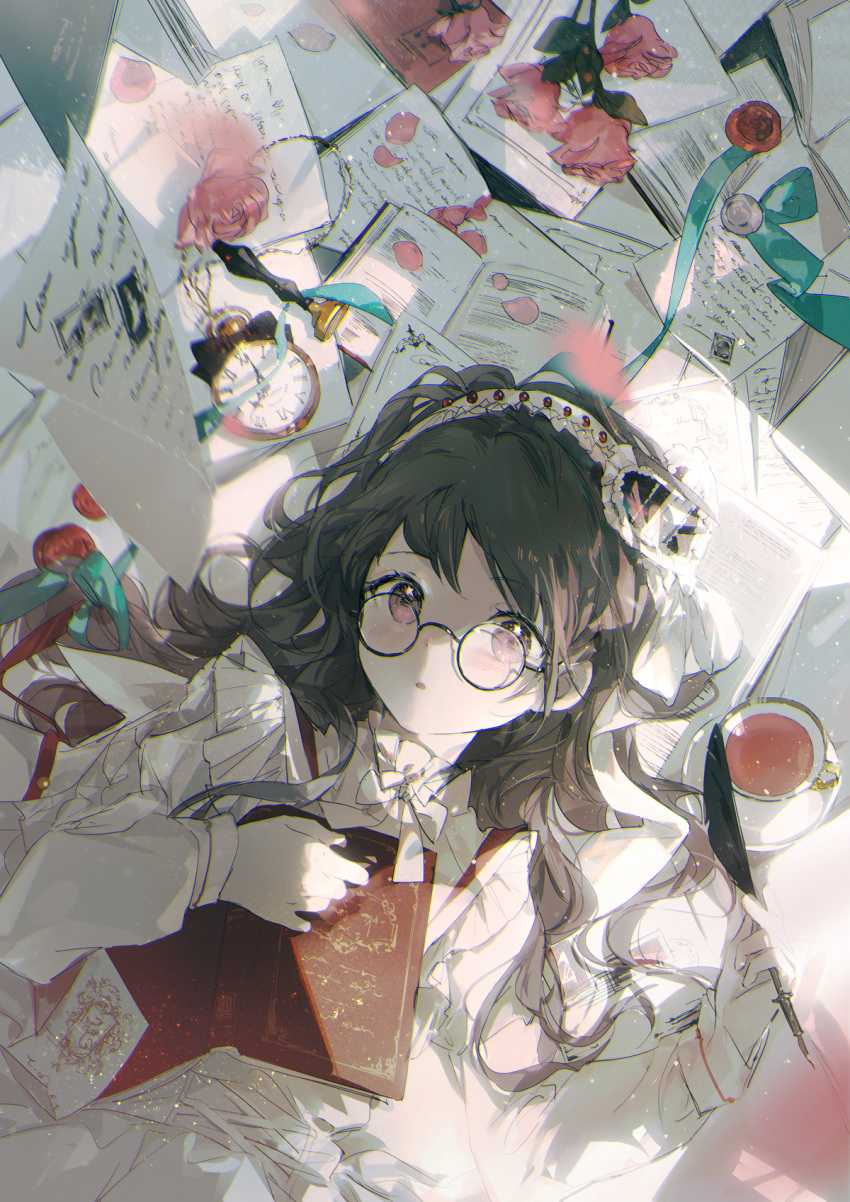 1girl, balabling, book, bow, brown_eyes, brown_hair, dress, flower, glasses, hairband, highres, holding, holding_book, holding_quill, letter, open_book, original, petals, pocket_watch, quill, rose, rose_petals, watch, wax_seal, wax_stamp, white_bow, white_dress