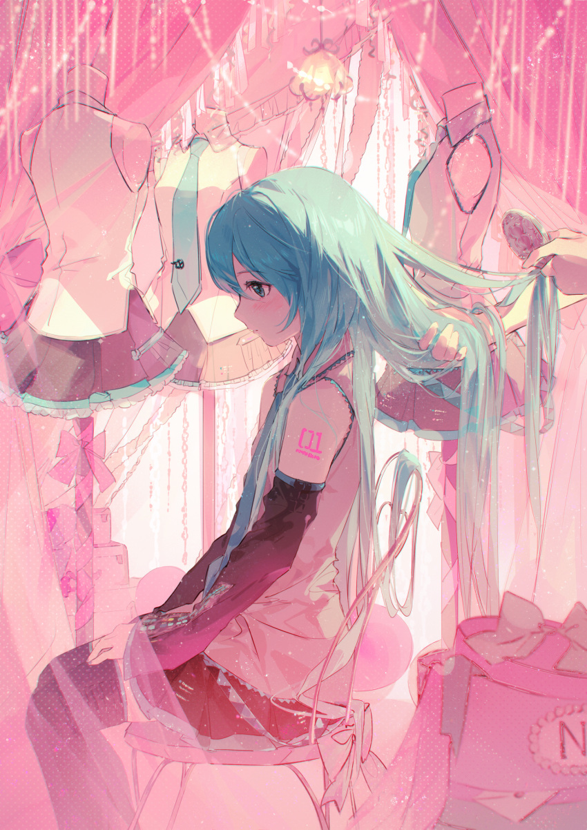 1girl, alternate_hairstyle, aqua_eyes, aqua_necktie, balabling, black_skirt, black_sleeves, black_thighhighs