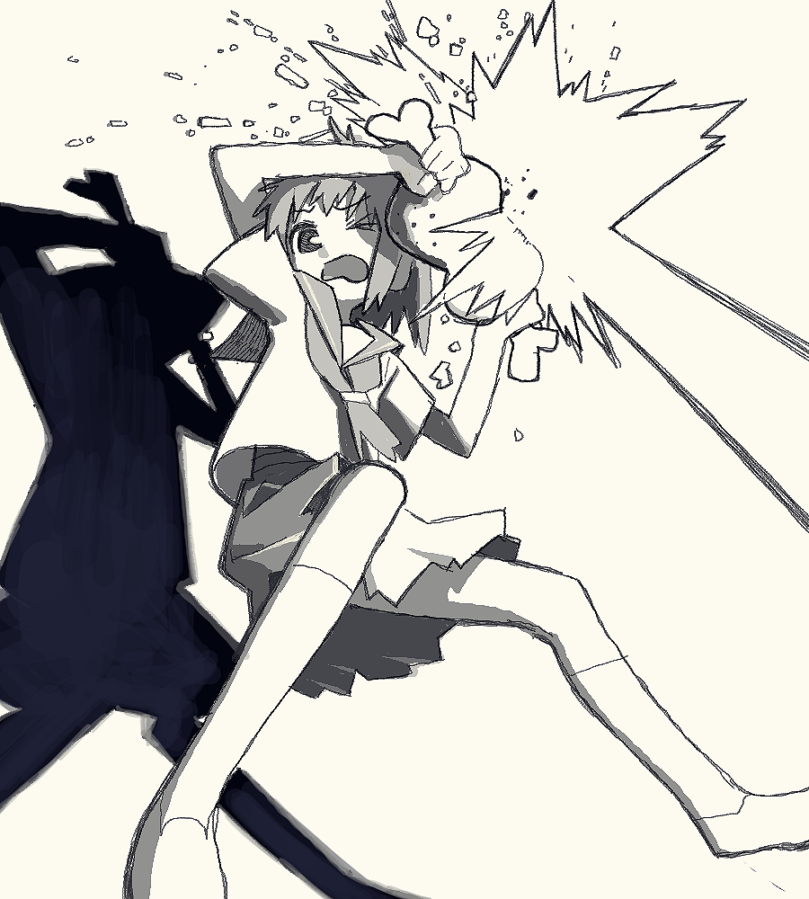 >_o, 1girl, blocking, boned_meat, commentary_request, debris, food, from_below