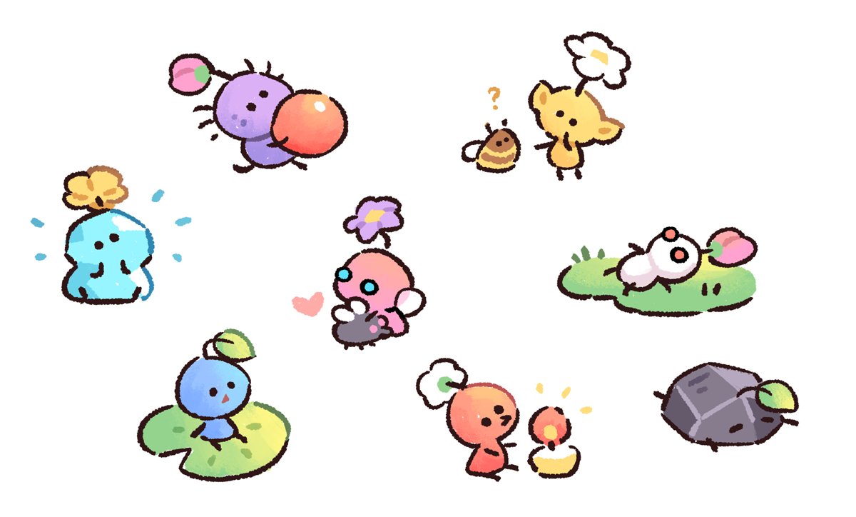 ?, animal, bee, berry, black_eyes, black_skin, blue_eyes, blue_pikmin, blue_skin, bud, bug, candle, closed_eyes, colored_skin, english_commentary, fire, flower, fly, food, fruit, grass, hand_on_own_chin, hands_on_own_chin, heart, holding, holding_animal, holding_food, holding_fruit, ice, ice_pikmin, insect_wings, leaf, lily_pad, lying, no_humans, no_mouth, notice_lines, on_back, on_stomach, outstretched_arms, oversized_object, pikmin_(creature), pikmin_(series), pink_skin, plump, pointy_ears, pointy_nose, purple_flower, purple_pikmin, purple_skin, red_eyes, red_pikmin, red_skin, rock, rock_pikmin, short_hair, solid_circle_eyes, stefscribbles, triangle_mouth, very_short_hair, white_background, white_flower, white_pikmin, white_skin, winged_pikmin, wings, yellow_flower, yellow_pikmin, yellow_skin