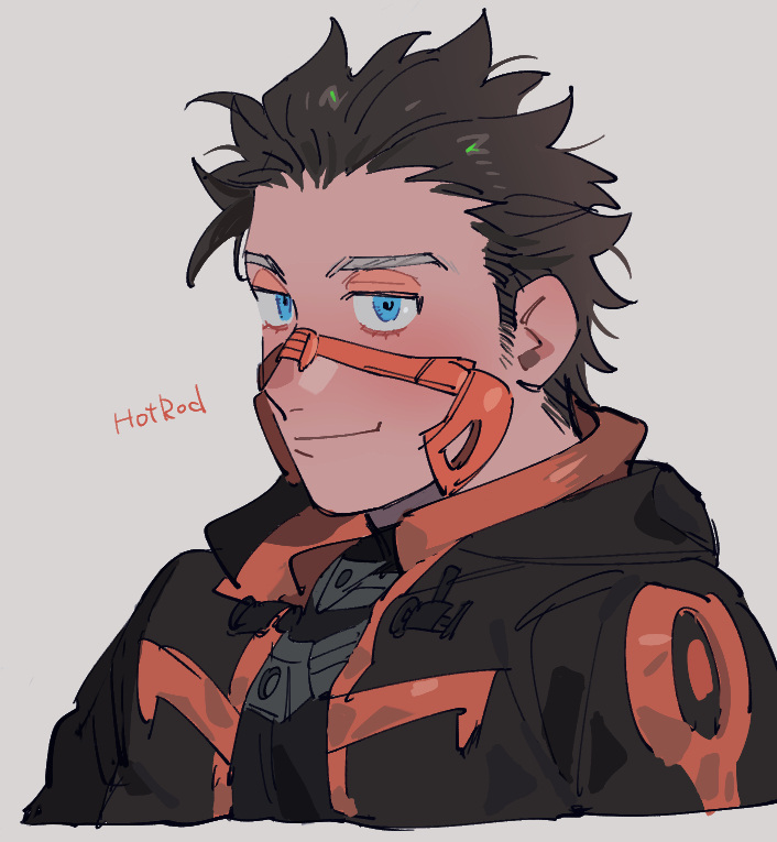 1boy, black_jacket, black_shirt, blue_eyes, character_name, grey_background, hair_behind_ear, hood