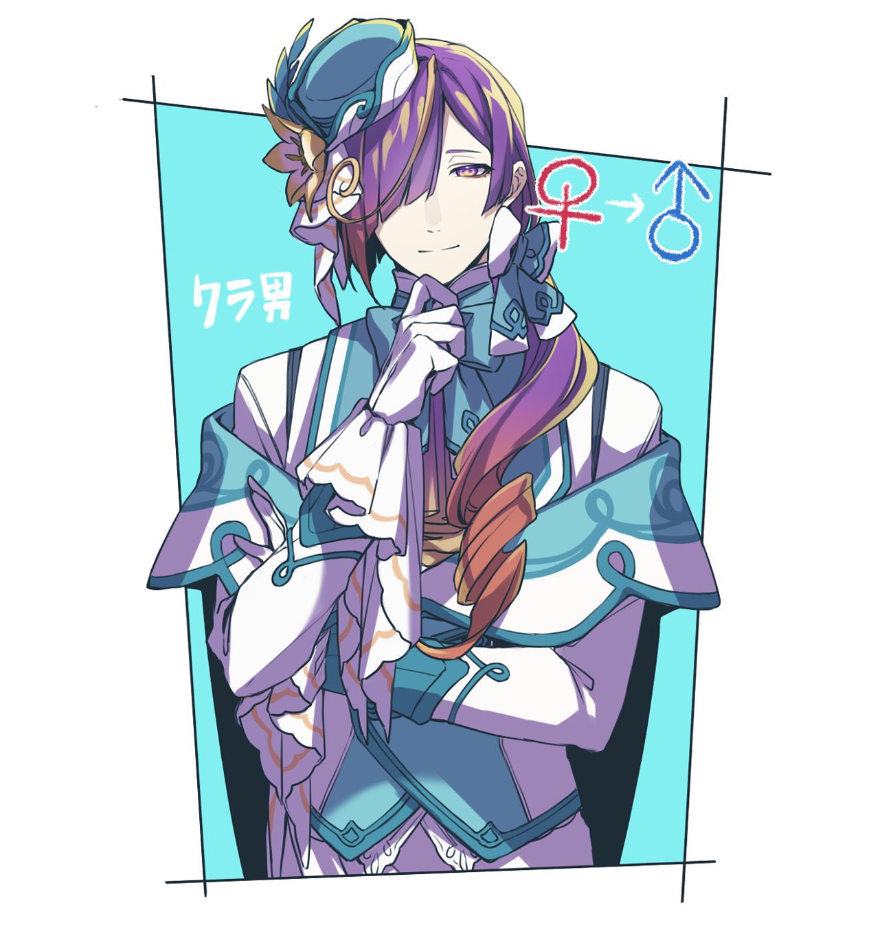 1boy, @_@, aqua_background, aqua_bow, aqua_bowtie, aqua_headwear, aqua_jacket, ascot