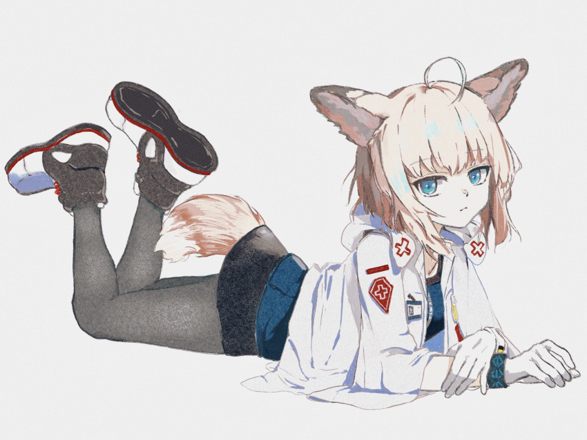1326496175, 1girl, ahoge, animal_ear_fluff, animal_ears, arknights, black_pantyhose, black_skirt, blonde_hair, blue_eyes, blue_shirt, breasts, closed_mouth, collarbone, commentary, fox_ears, fox_girl, fox_tail, full_body, gloves, grey_background, highres, jacket, legs_up, long_sleeves, looking_at_viewer, lying, on_stomach, pantyhose, shirt, shoe_soles, shoes, simple_background, skirt, small_breasts, sussurro_(arknights), tail, white_footwear, white_gloves, white_jacket, wide_sleeves