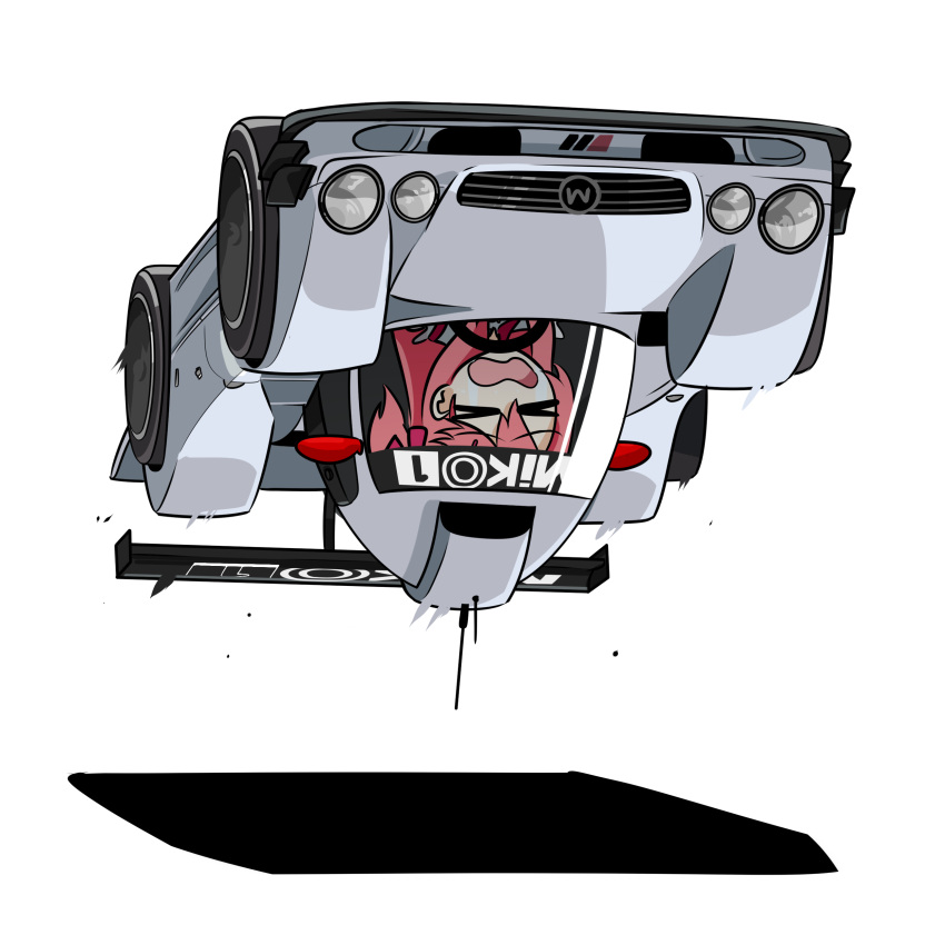 >_<, absurdres, car, english_commentary, hair_behind_ear, highres, holeecrab, hololive, japanese_clothes, kimono, le_mans_prototype, long_hair, mercedes-benz, mercedes-benz_clr, motor_vehicle, one_side_up, open_mouth, pink_hair, race_vehicle, racecar, sakura_miko, scared, shadow, spoiler_(automobile), vehicle_focus, virtual_youtuber, white_background, white_kimono
