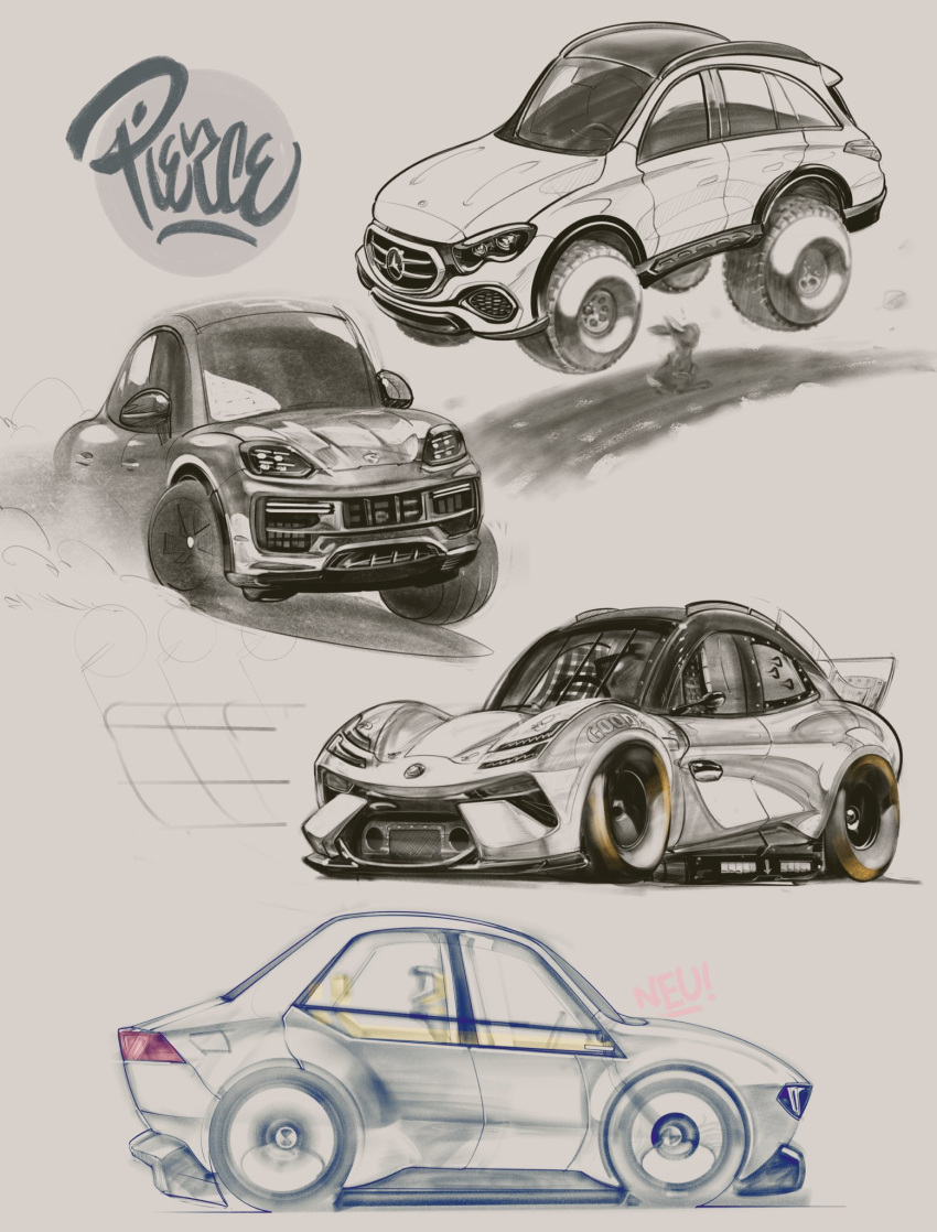 !, bmw, bmw_vision_neue_klasse, car, drifting, dusk, english_commentary, goodyear, highres, lotus_(brand), lotus_envya, mercedes-benz, mercedes-benz_e-class, motor_vehicle, nascar, no_humans, original, porsche, porsche_macan, rabbit, race_vehicle, racecar, spot_color, surprised, vehicle_focus, will_pierce