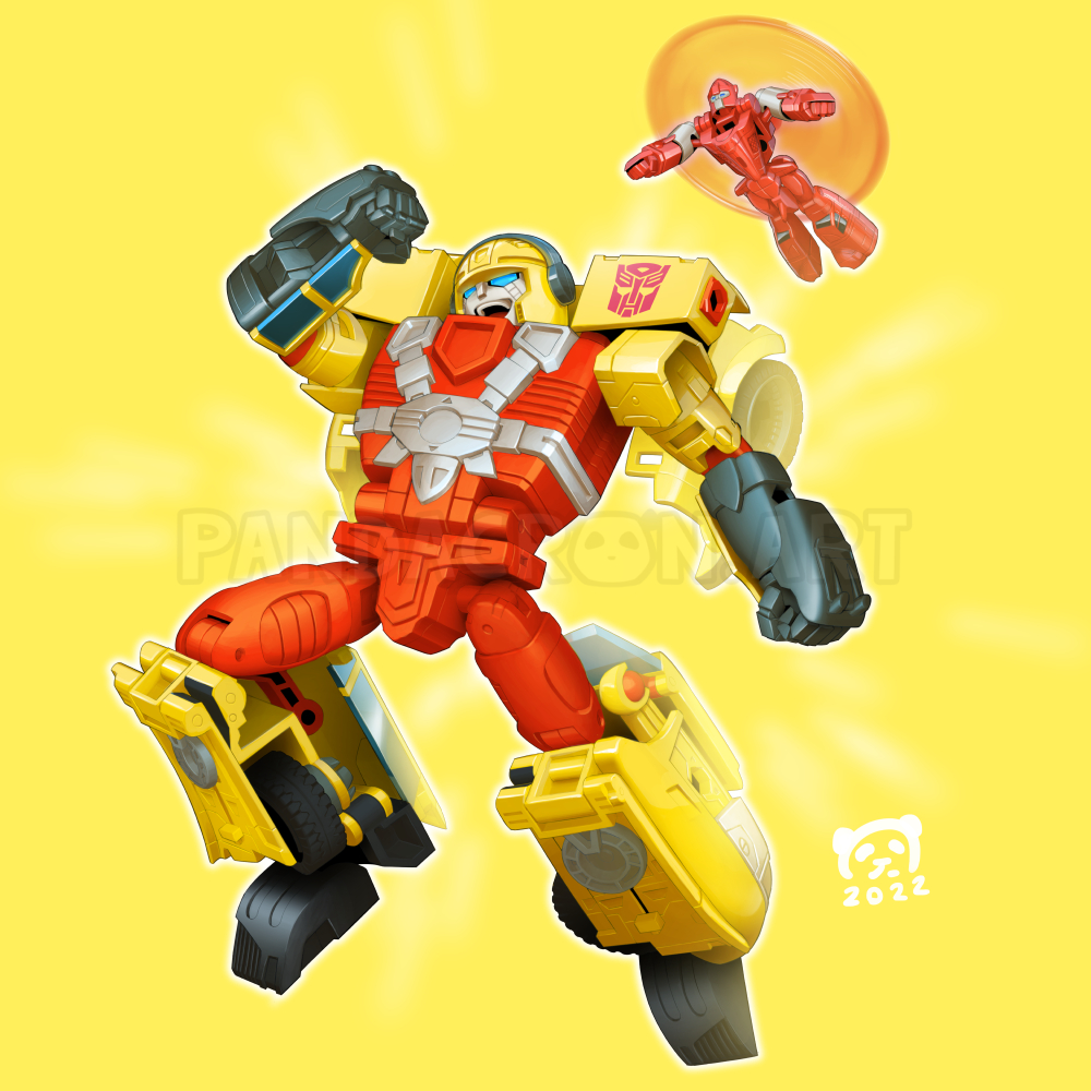 2022, airborne, artist_name, autobot, blue_eyes, clenched_hands, full_body, hot_shot_(transformers), jolt_(transformers), mecha, no_humans, open_mouth, pandacron, robot, smile, transformers, transformers_armada, watermark, yellow_background