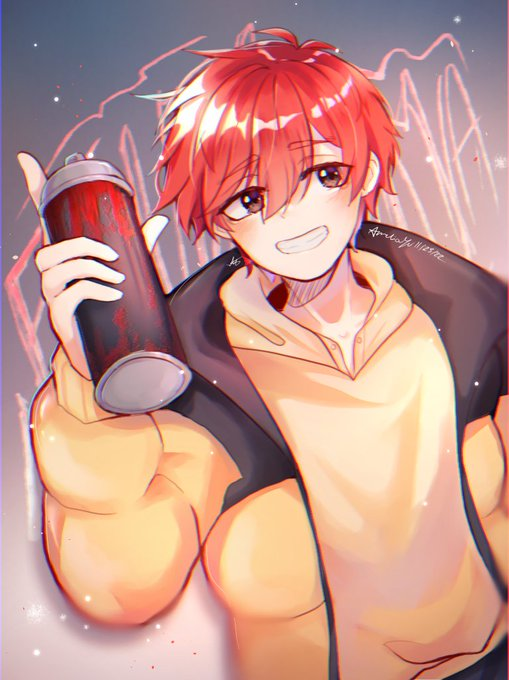 1boy, amelia_yu, brown_eyes, graffiti, hood, hoodie, jacket, kajiyama_fuuta
