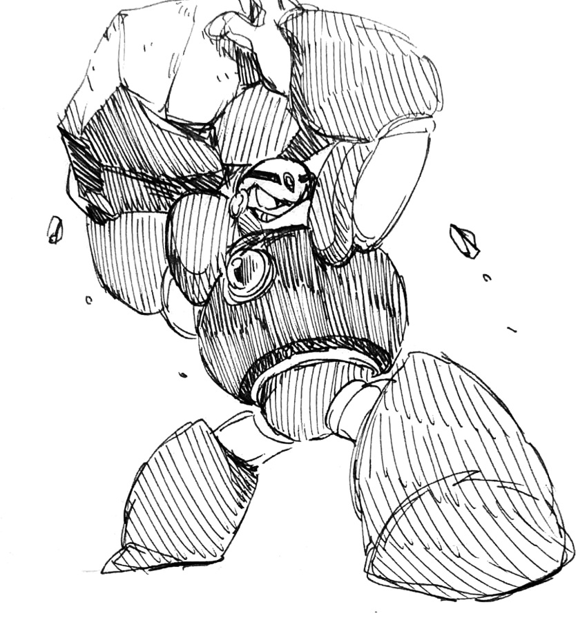 1boy, boulder, commentary, full_body, greyscale, grin, guts_man, hardhat
