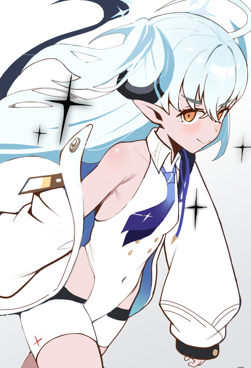 1girl, aqua_hair, blue_archive, breasts, gradient_background, highres, horns, jacket