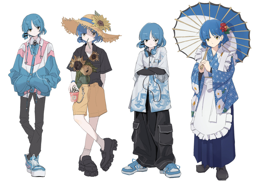 1girl, absurdres, blue_hair, bocchi_the_rock!, dorarin, highres, multiple_views, short_hair
