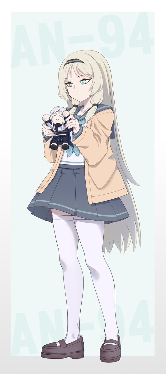 1girl, ak-12_(girls'_frontline), an-94_(girls'_frontline), aqua_neckerchief, black_skirt, blonde_hair, brown_footwear, cardigan