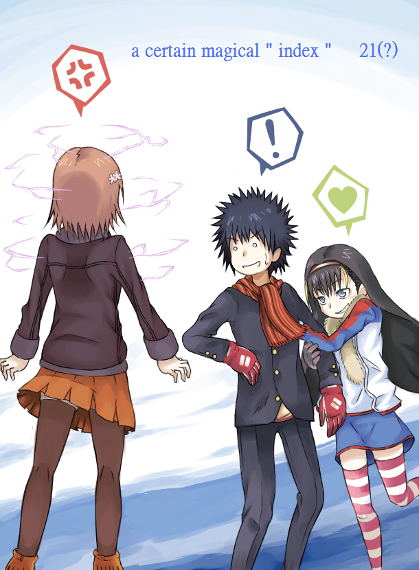 electricity, heart, kamijou_touma, kneepits, lessar, miniskirt, misaka_mikoto, pantyhose