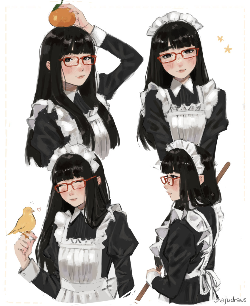 1girl, ^_^, absurdres, anajudraws, animal, apron, artist_name, bird