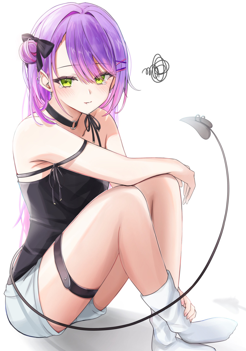 1girl, absurdres, alternate_costume, alternate_hairstyle, black_bow, black_camisole, black_choker, blush