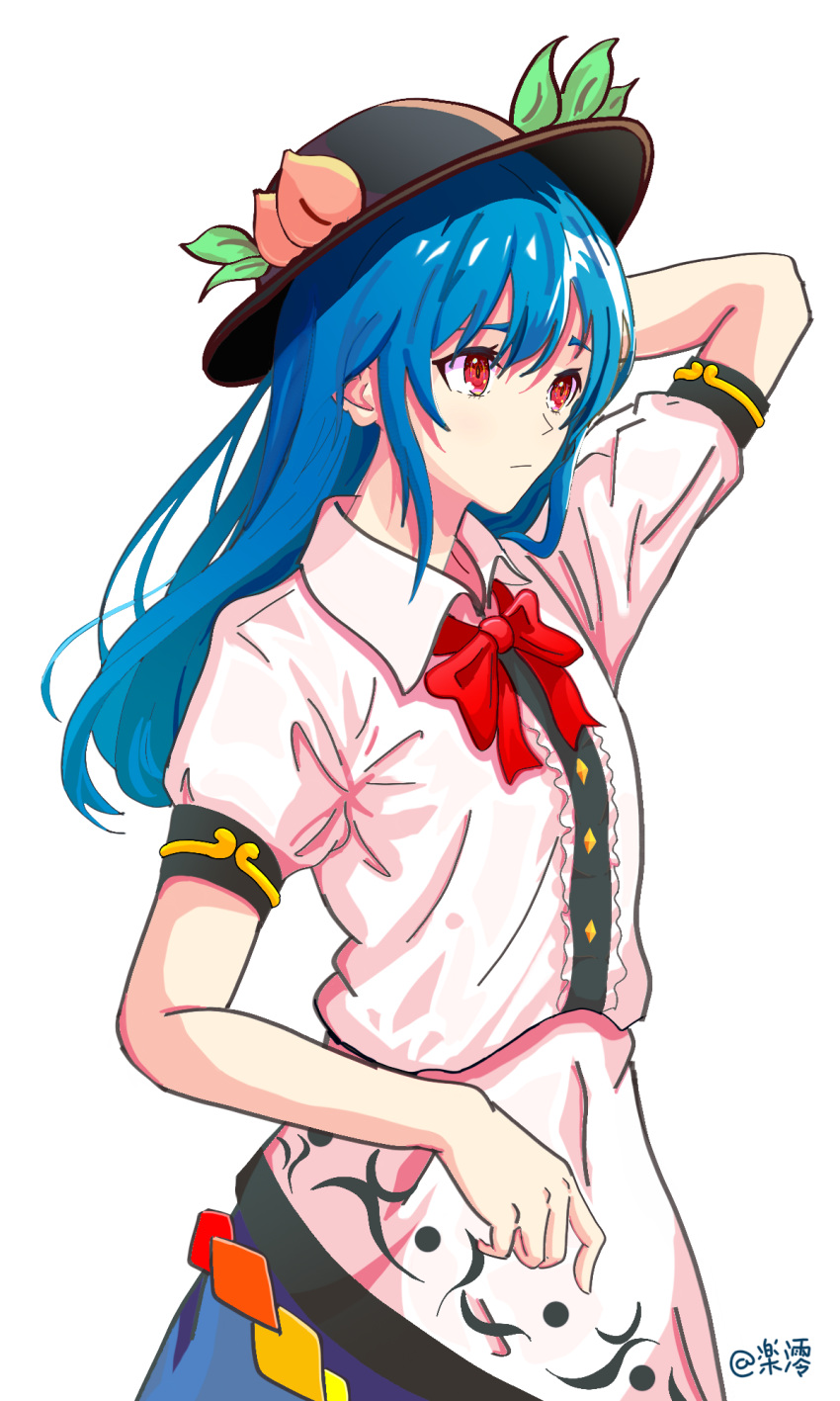 1girl, arm_behind_head, black_headwear, blue_hair, bow, bowtie, center_frills, closed_mouth