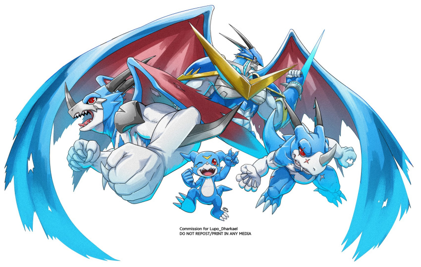 4others, aerov-dramon, artist_name, clenched_hands, digimon, dragon, english_text, evolutionary_line, highres, horns, multiple_others, one_eye_closed, open_mouth, scar, simple_background, single_horn, slayer_dramonz, ulforcev-dramon, v, v-dramon, v-mon, white_background, wings