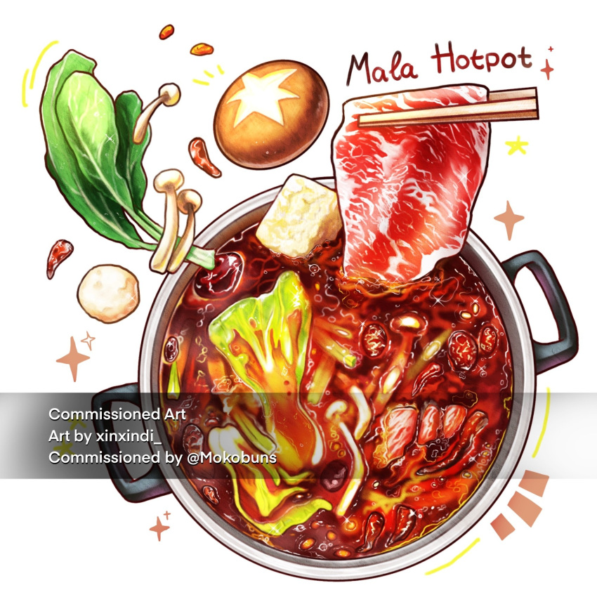chopsticks, commission, cooking_pot, english_text, food, food_focus, highres, meat