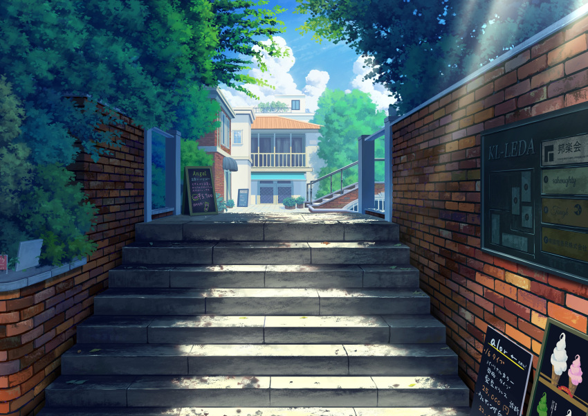 absurdres, blue_sky, brick_wall, building, bush, clouds, cloudy_sky, day, highres, light_rays, meron_2770, no_humans, original, plant, potted_plant, railing, scenery, shadow, sign, sky, stairs, sunlight, tree, tree_shade, window