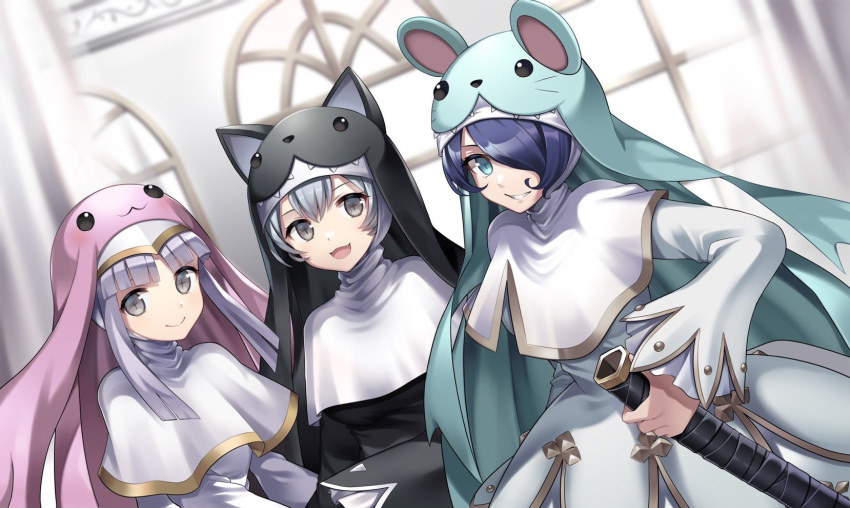 3girls, animal_ears, blue_eyes, blue_hair, cat, digimon, digimon_(creature), grey_eyes, grey_hair, hat, highres, indoors, long_hair, looking_at_viewer, mouse, mozzzz, multiple_girls, nun, open_mouth, rabbit, scabbard, sheath, short_hair, sistermon_blanc, sistermon_ciel, sistermon_noir, upper_body