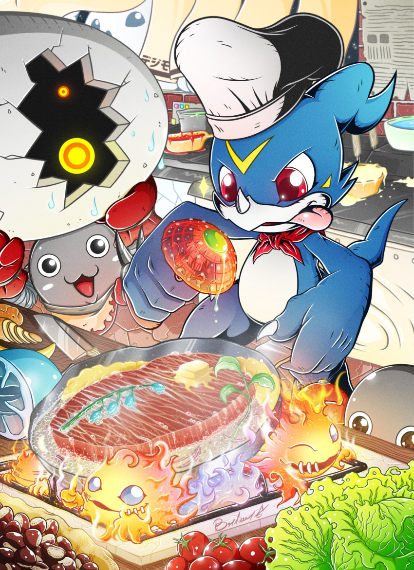 barlume_(barlzar), blue_eyes, chef_hat, cooking, digimon, digimon_(creature), digitamamon, egg