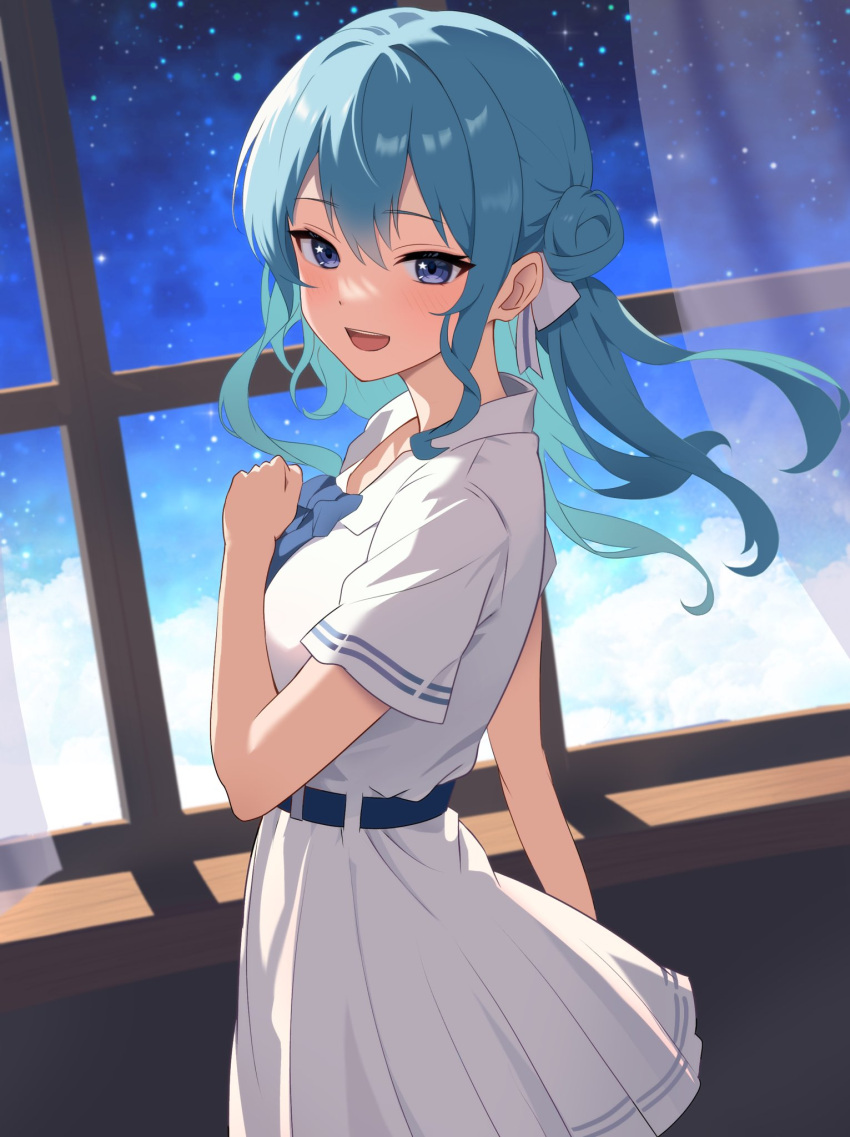 1girl, aqua_hair, belt, blue_belt, blue_bow, blue_bowtie, blue_eyes, blue_hair