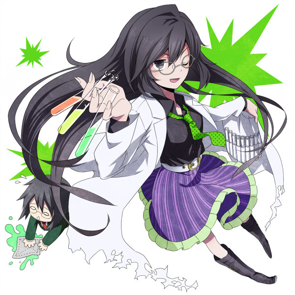 black_hair, boots, chibi, foreshortening, glasses, grey_eyes, hands, labcoat
