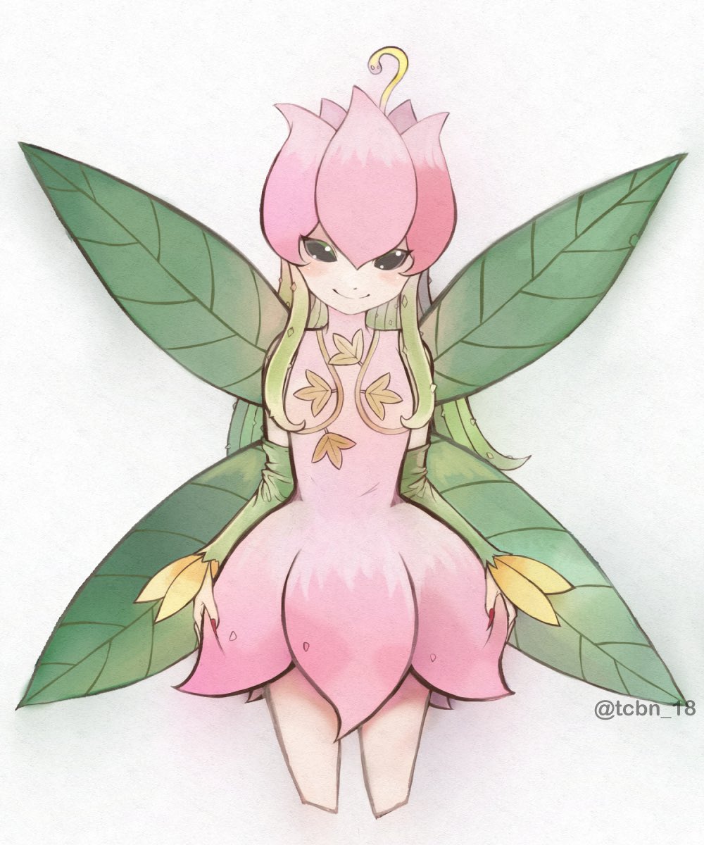 1girl, artist_name, detached_sleeves, digimon, digimon_(creature), dress, fairy, flower