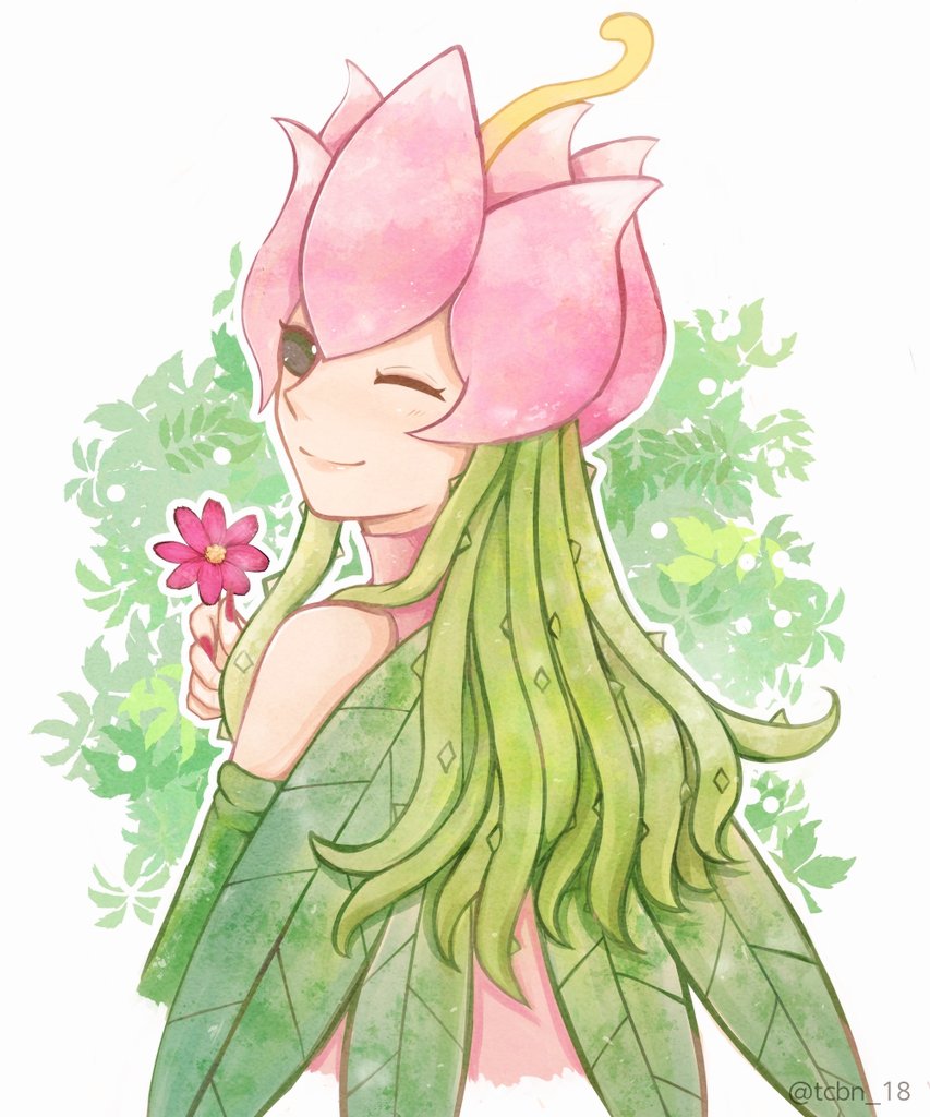 1girl, black_eyes, digimon, digimon_(creature), facing_away, flower, hair_vines, holding