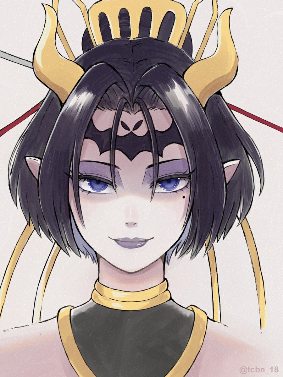 1girl, artist_name, black_hair, blue_eyes, bob_cut, collar, digimon, digimon_(creature), hair_ornament, highres, horns, lilithmon, looking_at_viewer, pointy_ears, portrait, rikka_(tcbn_18), short_hair, simple_background, solo, watermark, white_background