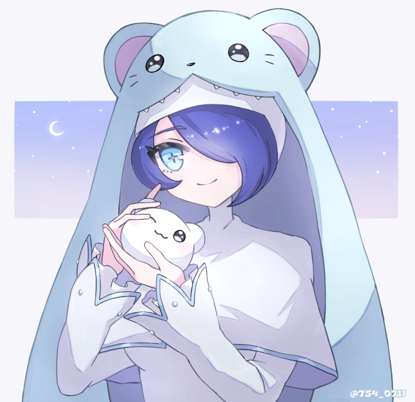 1girl, animal_hood, blue_eyes, blue_hair, cross-shaped_pupils, digimon, digimon_(creature), hair_over_one_eye