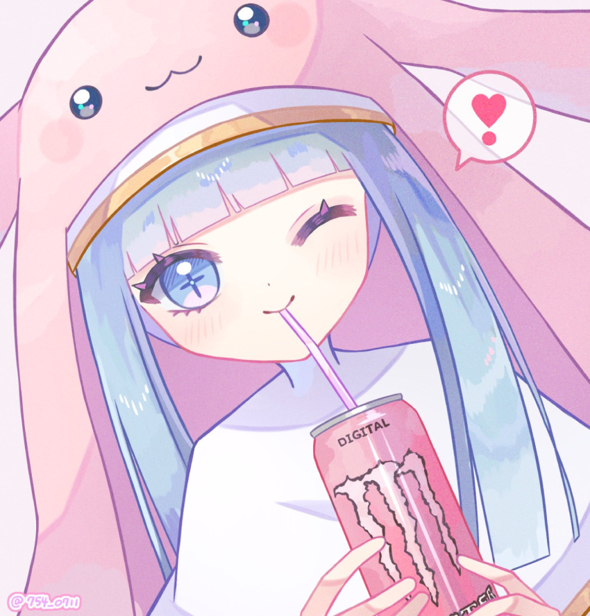 !, 1girl, animal_hood, blue_eyes, blue_hair, can, digimon, digimon_(creature)