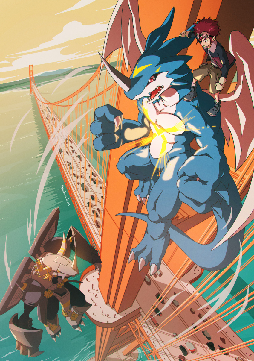 1boy, 2others, armor, black_jacket, blackwargreymon, bridge, brown_gloves, brown_hair
