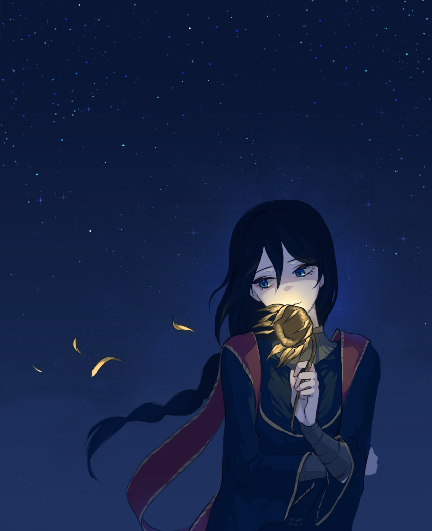 black_hair, blue_eyes, dot_7333, elden_ring, flower, highres, jewelry, looking_to_the_side